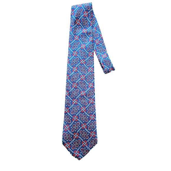 Liberty Of London Men Silk Necktie Geometric Pattern Red & Blue Made In USA - Picture 6 of 9